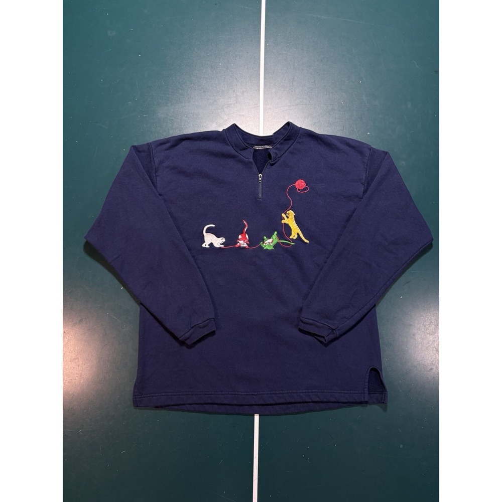 Vintage 90s Cats Kitten Kitty Sweatshirt 1/4 Zip Embroidered Art Women's Large